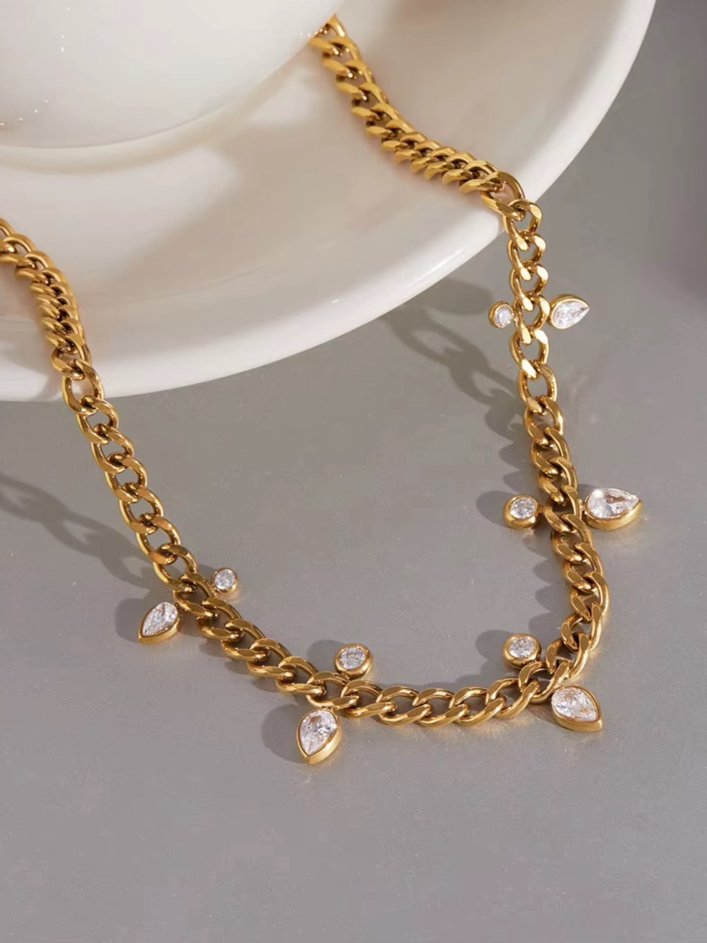 18K Gold Plated Cubic Zirconia Teardrop Charm Necklace - Picture 6 of 10